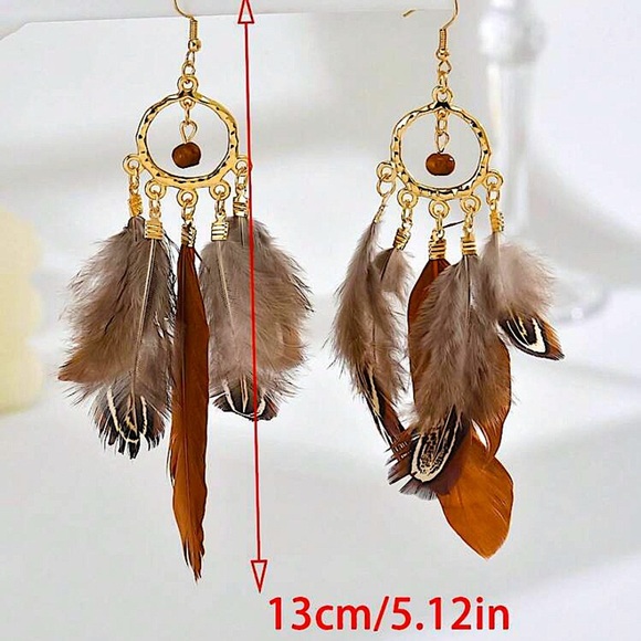 Bohemian Handmade Feather Dangle Earrings, Tribal Design, Western, Boho, Fr… - Picture 3 of 4